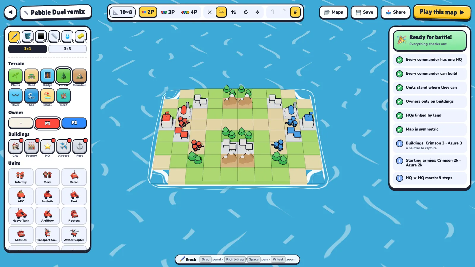 The map editor with the terrain palette, a remixed duel map and the ready-for-battle checklist