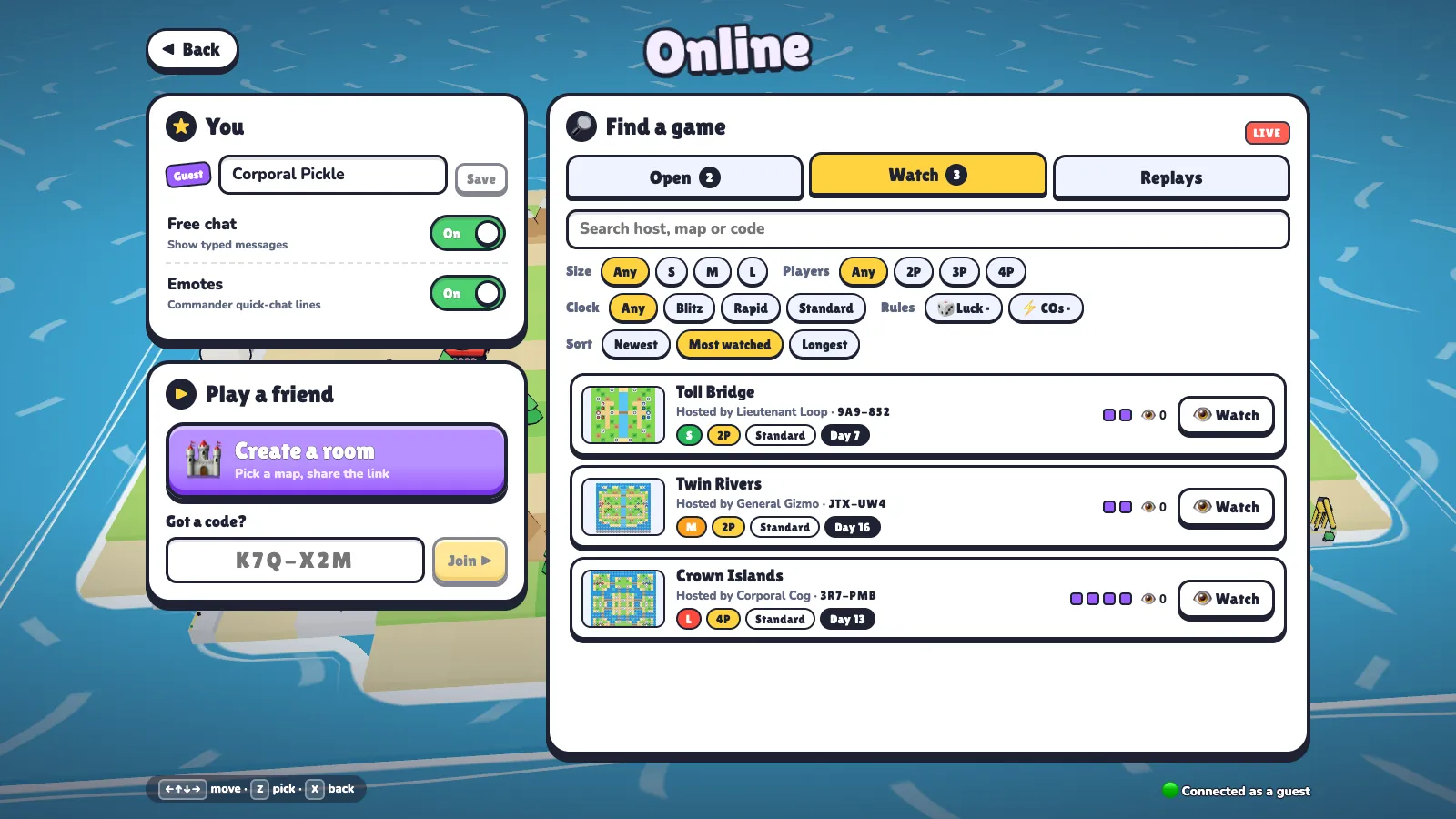 The multiplayer lobby with open rooms to join
